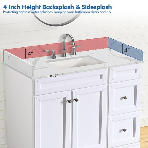 EQLOO 42 in.W x 22 in.D Quartz Calacatta River Vanity Top,with Undermount Middle Sink Vanity Top,with Two Sidesplash & One Backsplash,8 Inch Faucet Hole Spread Bathroom Vanity Sink Countertop