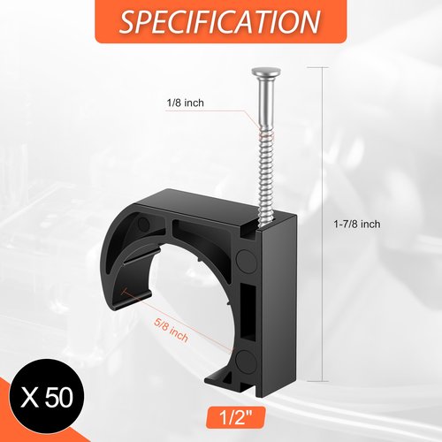 50 PCS 1/2" Half Clamps J-Hook with Nails for PEX, Copper, CPVC Tubing/Pipe Support, Heavy Duty Pipe Support Clamps, Durable Black J-Hooks for Secure Installation by Tavonuxt