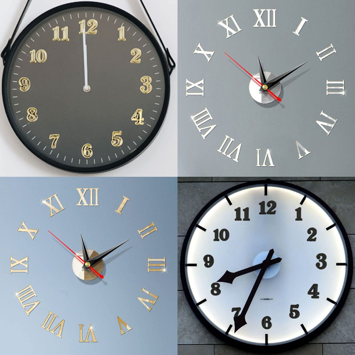 Clock Numerals Kit DIY Digital Clock Numbers Arabic Number and Roman Number for Clock Hands Replacement Parts Clock Accessories in Black Silver Gold (6 Pieces)