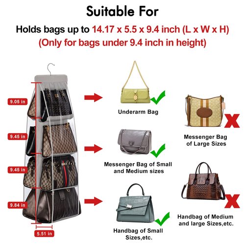 Lirex 8-Pocket Hanging Purse Organizer for Closet - Oxford Cloth Storage System with Double Layer Protection (39.37" x 13.38"),Grey