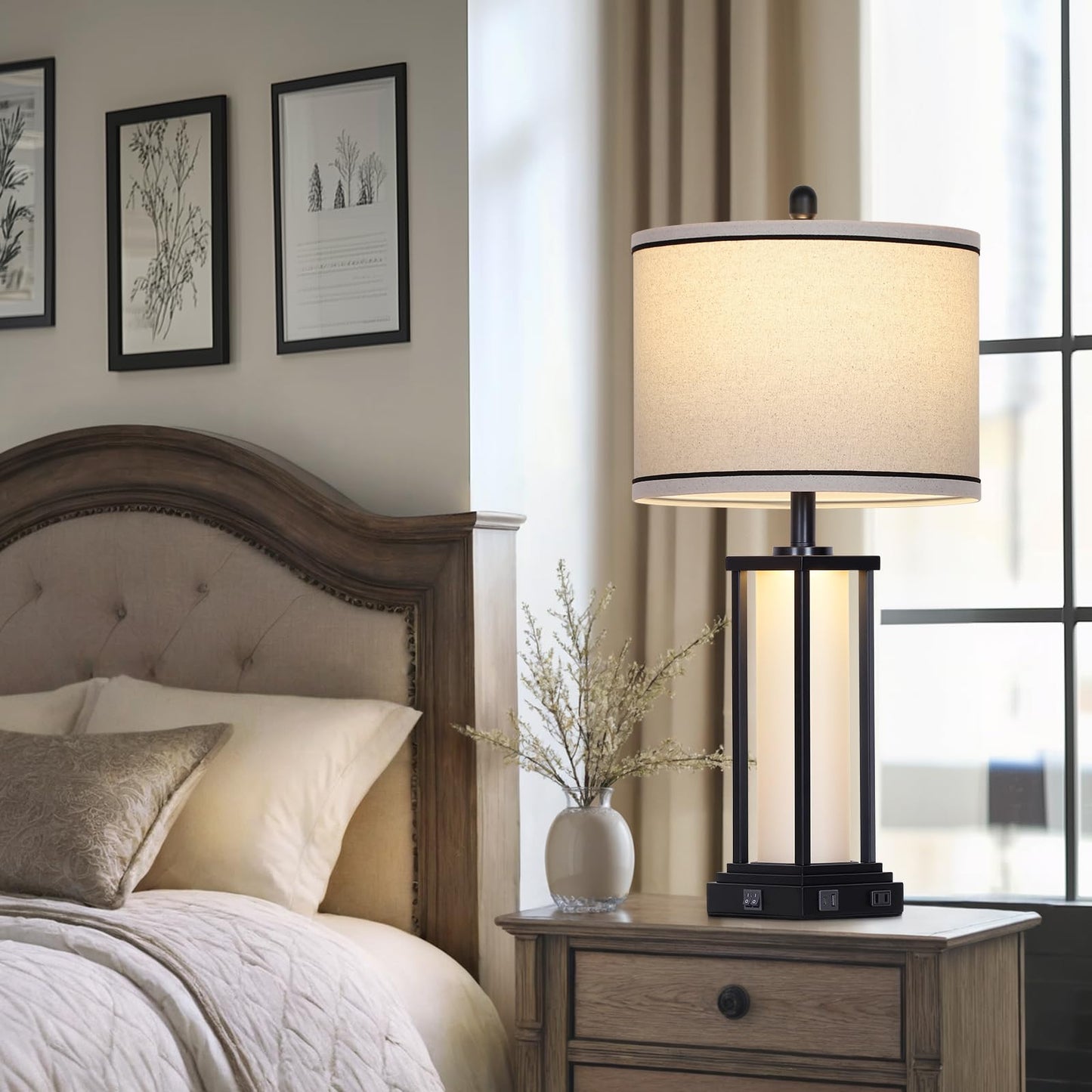 Cinkeda 27" Tall Vintage Table Lamp with USB C+A & Outlet,Black Industrial End Table Lamp for Living Room,Farmhouse Rustic Bedside Lamp with Frosted Glass Night Light for Bedroom Nightstand,Black-1P