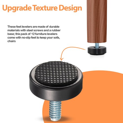 M6 Adjustable Furniture Leveler, 12 Pack Rubber Leveling Feet Screws in Threaded, Feet Levelers Screw On Furniture Glide Leveling for Table, Chair, Furniture Legs