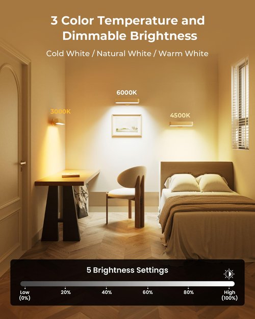 Rechargeable Wood Wall Sconce Indoor, LED Wall Light for Bedroom with Touch and Remote Control,360° Magnetic Rotate Wall Light,3 Colors Dimmable Brightness Wall Lamp with 15 RGB Colors,1 Pack