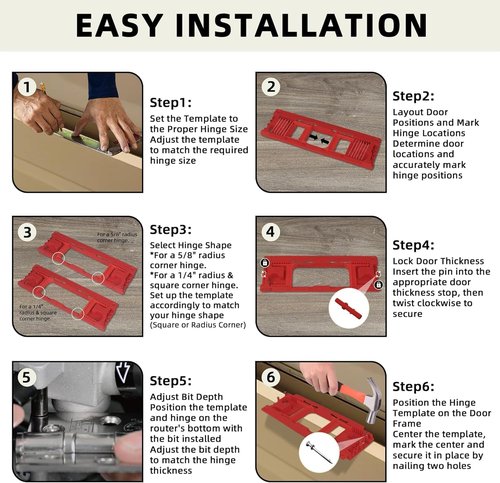 Door Jamb Hinge Jig Compatible with 8 Sizes from 2-1/2" to 6" and 5 Door Thickness from 1-3/8" to 2-1/2", Precise Efficient Hinge Installation (Red)