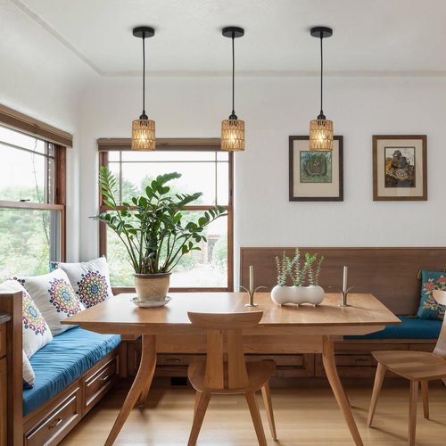 LAMSU 3 Pack Rattan Pendant Lights Kitchen Island, Farmhouse Pendant Lighting with Hand Woven Wicker Shade, Boho Chandelier Light Fixtures Ceiling Hanging for Dining Room Bedroom Foyer Hallway