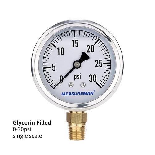 MEASUREMAN 2-1/2inch Dial Size, Glycerin Filled Plumbing Pressure Gauge, 0-30psi, Stainless Steel Case, 1/4inch NPT Lower Mount
