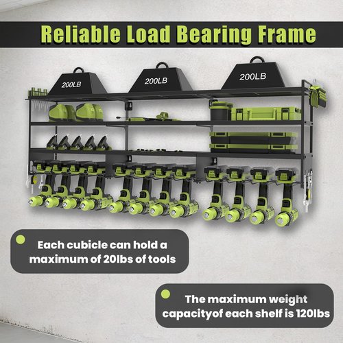 50''W Large Power Tool Organizer Wall Mount, Heavy Duty 4 Tier 12 Drill Holder Loads 600lbs, Garage Tool Organizer and Storage, Suitable Tool Rack for Workshop, Workbench