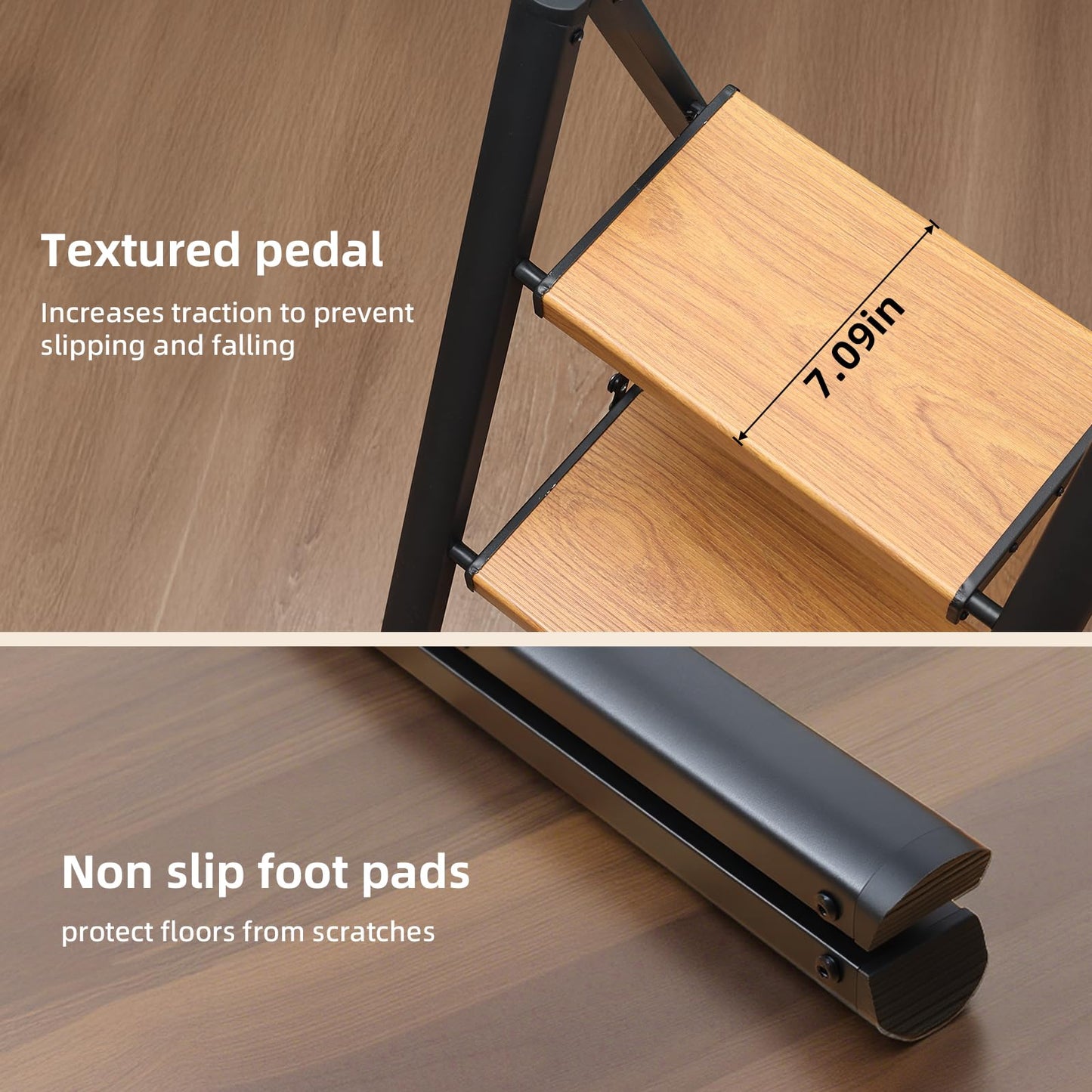 SOLADDER 3 Step Ladder, Anti-Slip and Lightweight Foldable Step Ladder for Adults & Kids to Use in Kitchen,Closet and Library,300lbs(Black+Woodgrain)