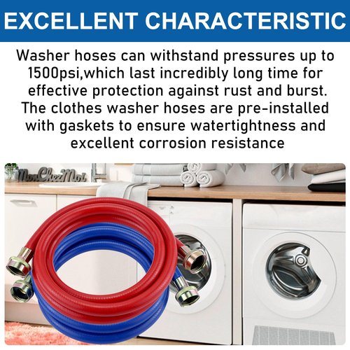 Washer Hoses 4FT,Rubber Washing Machine Hoses 3/4 Washer Machine Hoses 2 packs,Burst Proof Water Supply Lines for Hot and Cold Washer Water Hoses,Universal for All Standard Wash Machines-by MIFLUS