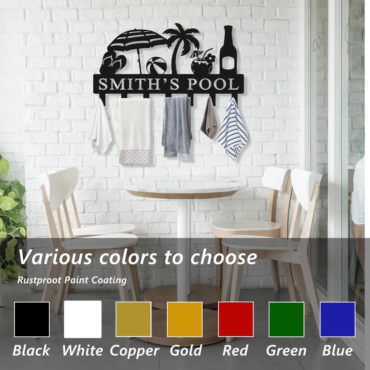 Custom Pool Towel Rack Wall Mount Personalized Name Metal Sign Poolside Towel Hook Outdoor Custom Towel Holder Organizer Pool Accessories for Robe, Towel, Coat, Swimsuit, Umbrella, Bag, Keys