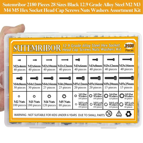 Sutemribor 2180 Pieces Black M2 M3 M4 M5 Hex Socket Head Cap Screws Nuts Washers Assortment Kit, Metric Screw Assortment with Hex Wrenches, 12.9 Grade Alloy Steel, Fully Threaded