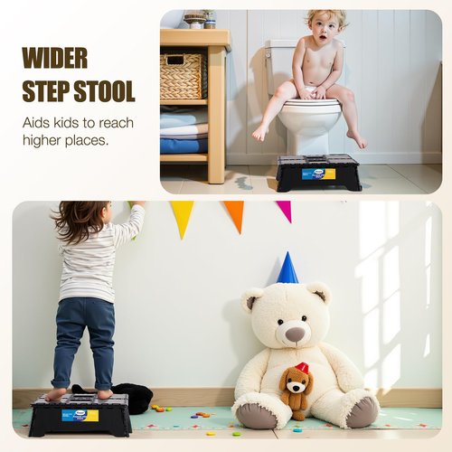Korpai 5" Folding Step Stool for Adults and Kids 15-Inch Extra Wide Stool Holds Up to 300 lbs,Non-Slip Folding Stools with Handle,Compact Plastic Foldable Step Stool for Bathroom,Kitchen,ect, Black