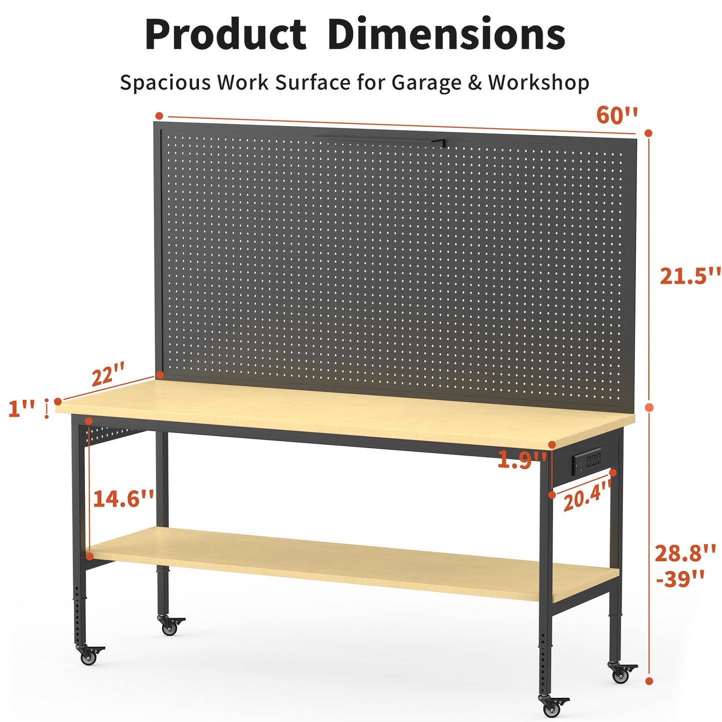 60" Adjustable Height Workbench,9-Level Heavy Duty Work Table with Storage Shelf Pegboard LED Light & Built-in Power Strip, 2010 lbs Load Capacity Rolling Tool Bench for Garage Workshop