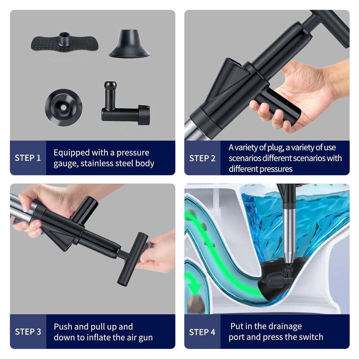 Toilet Plunger High Pressure Air Drain Blaster Gun Drain Clog Remover Tools Air Plunger Heavy Duty Drain Powerful Plungers for Toilet Unclog Toilet, Floor Drain, Bathroom（Black）