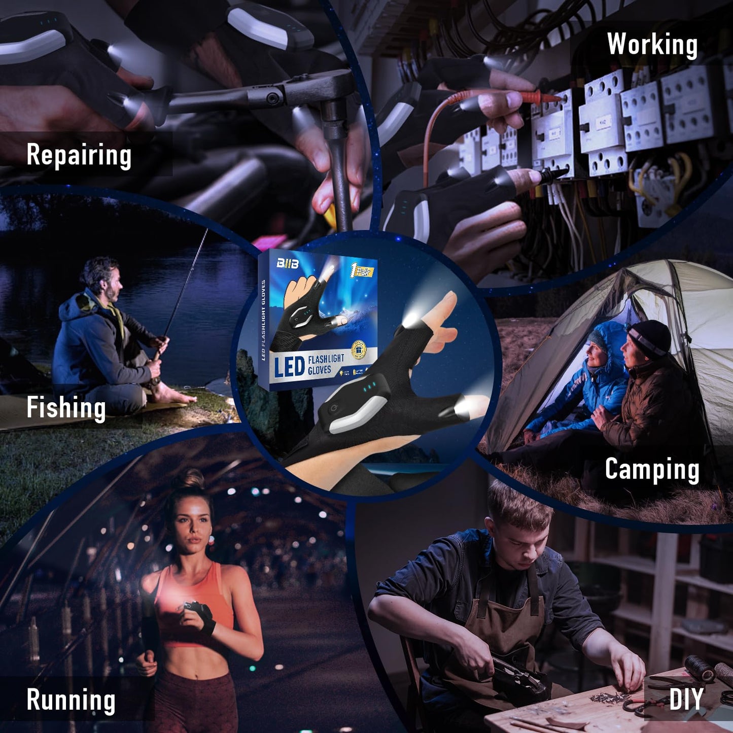 BIIB Rechargeable Flashlight Gloves Birthday Gifts for Men, Gifts for Men Dad Him Grandpa Husband, Dad Gift from Daughter, Unique Mens Gift, Cool Gadgets for Mens, Camping Essentials