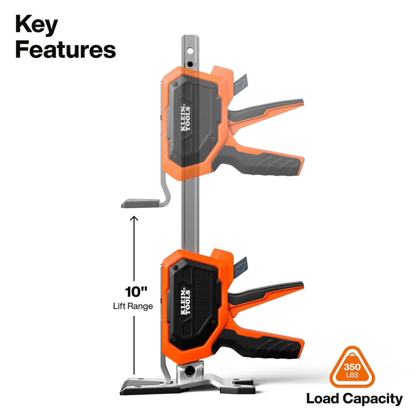 Klein Tools 77000 Heavy-Duty Construction Jack, 350-Pound Capacity, 10-Inch Lift Range, Drywall Lift Tool, Hands-Free Lifting, Clamping Capable, Non-Marring Foot Pads