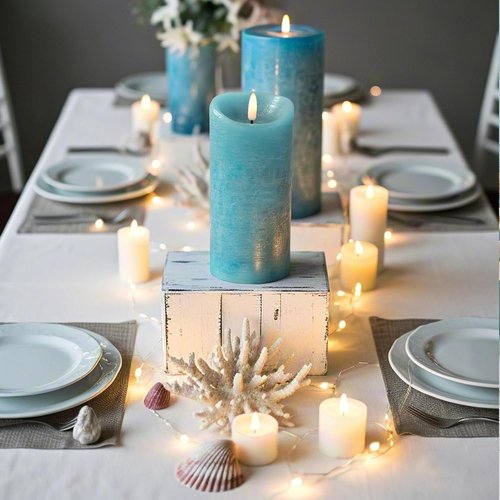 SUNSET HOME Battery Operated Ocean Blue Candles - Real Wax LED Pillar Candles with Remote Timer, Flickering Flameless for Summer Beach Decor, Coastal Wedding & 4th of July