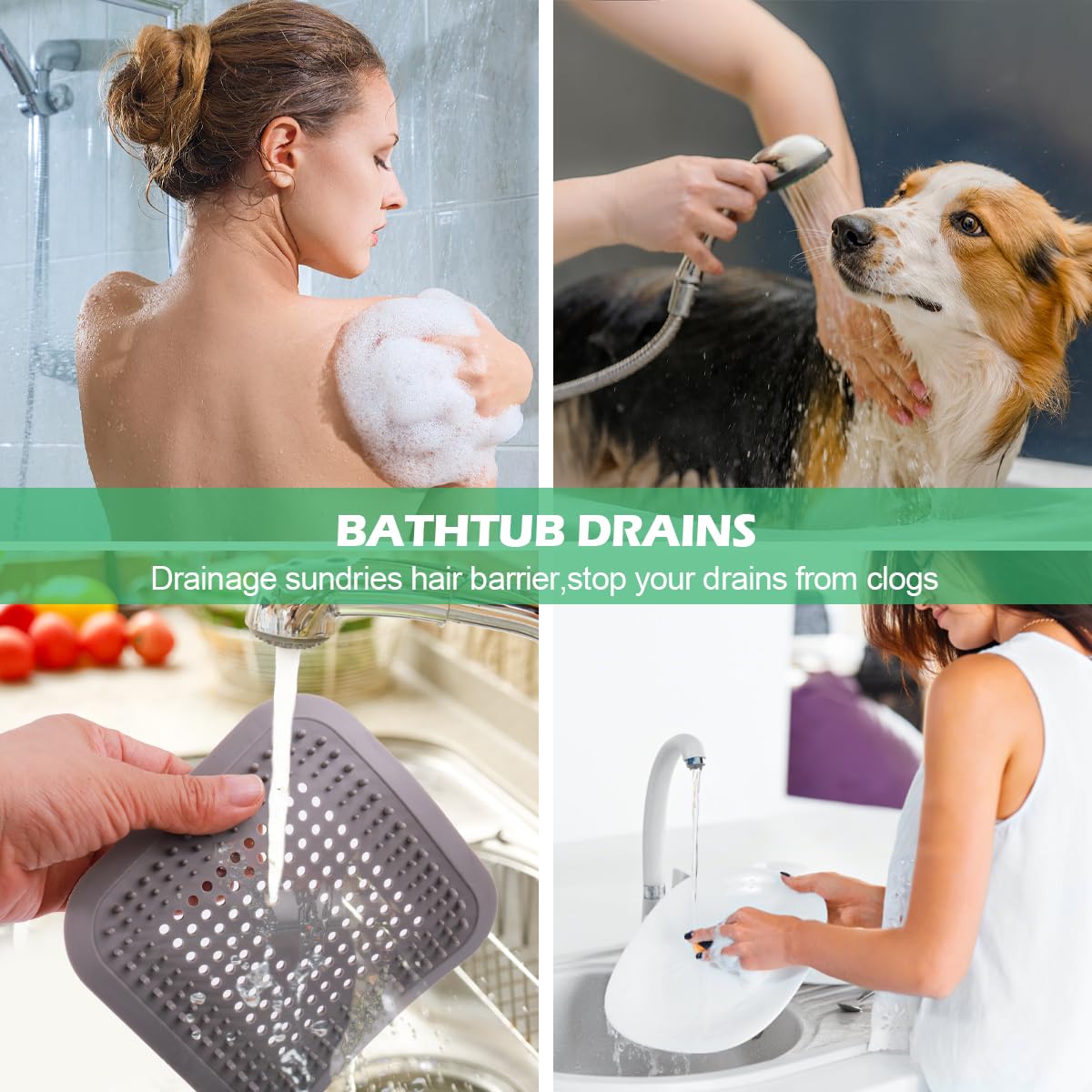 3 Pack Hair Catcher Drain Cover with 4 Suction Cups, 5.7x5.7 Inch TPR Square Sink Strainer for Bathroom, Kitchen, Shower & Tub, Durable, Easy to Clean, Grey