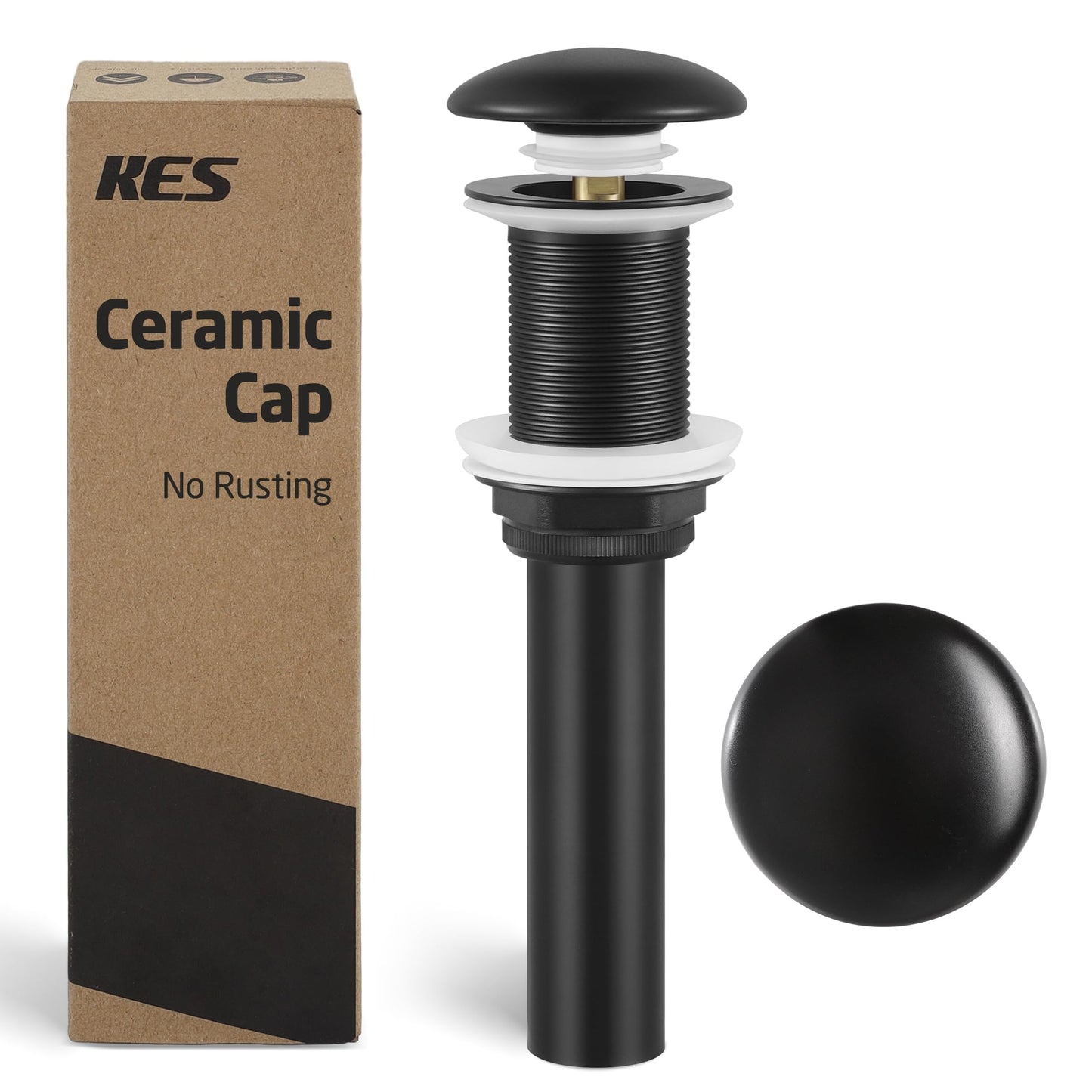 KES Solid Ceramic Cap Bathroom Sink Drain Without Overflow, Pop Up Drain for Bathroom Sink, Ceramic Bathroom Sink Stopper, All-Metal Body Matte Black, S2008D-CB