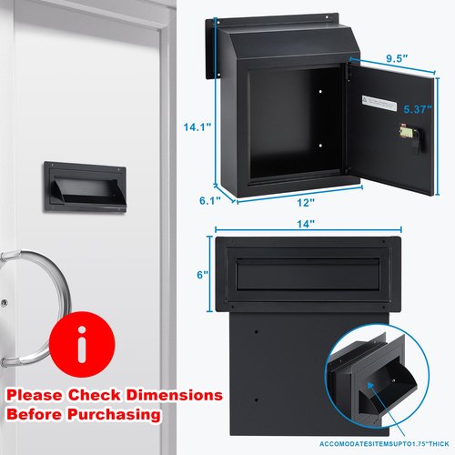 Jadosiler Through The Door Key & Mail Drop Box, Steel Made Through-The-Door Mailbox with Combination Lock, 14x6x14 Inches - Package Delivery Box & Newspaper Box，Black