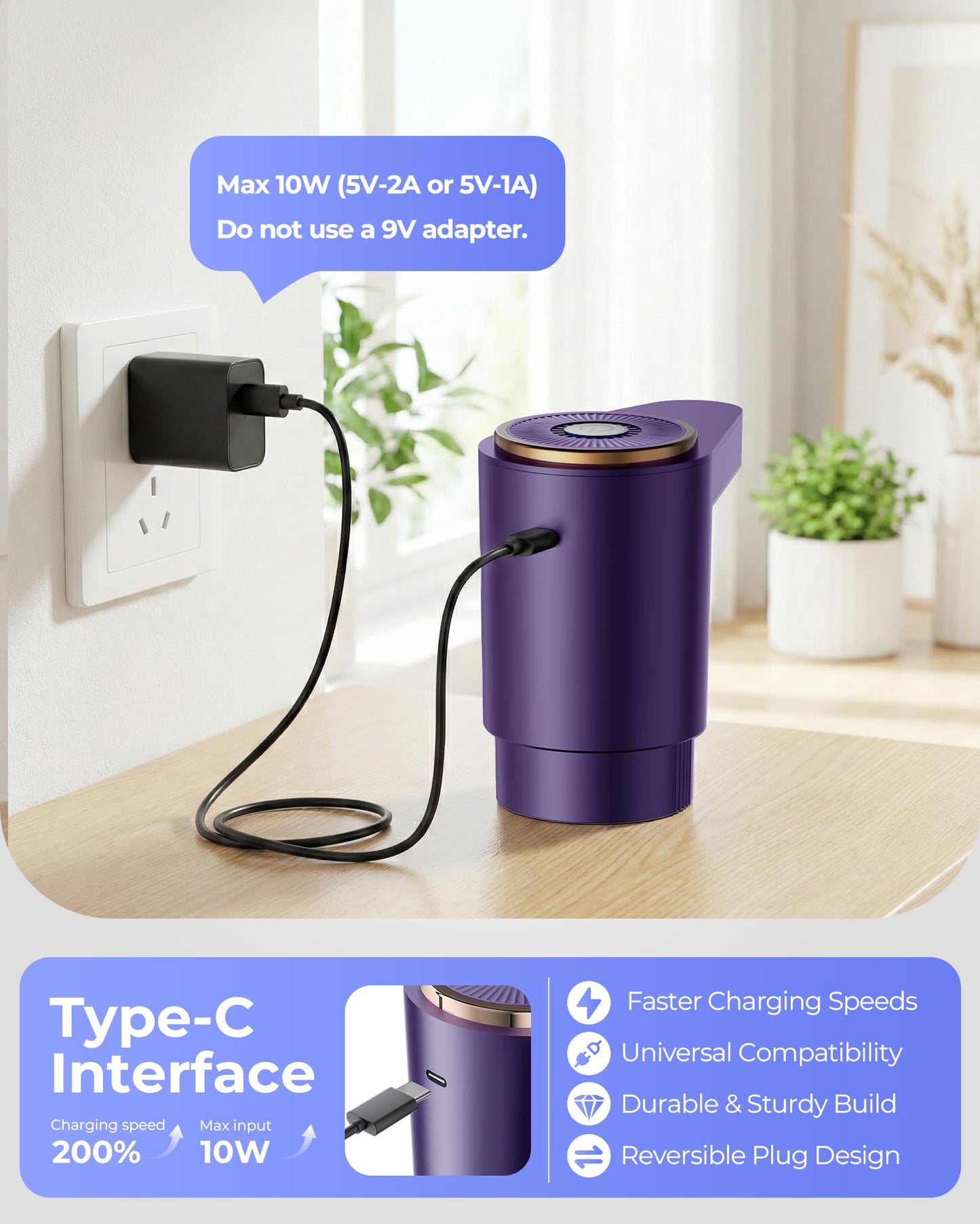 Cozycharm Water Jug Pump for 5 Gallon Bottle – Portable Electric USB-C Charging Dispenser, Dual Powerful Motors, Fast Flow, Fits 2-5 Gallon Jugs – Ideal for Home, Office, Camping, RV, Dark Purple