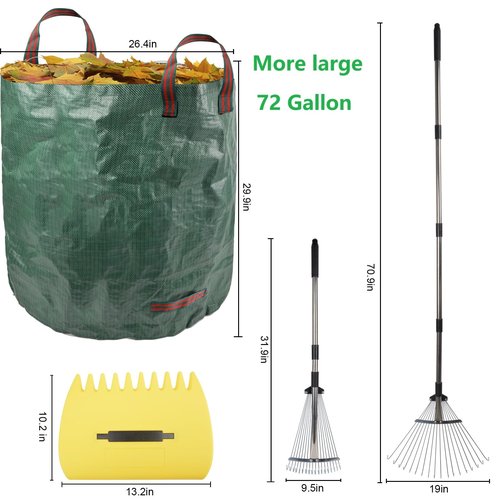 Leaf Collector Garden Rake Set - Adjustable 18 Tines Leaf Rakes & Leaf Picker Upper & 72 Gallon Lawn Waste Bag, Heavy Duty Collect Rake, Hand Leaf Scoop, Brown Paper Dumpster, Yard Gardening Tool