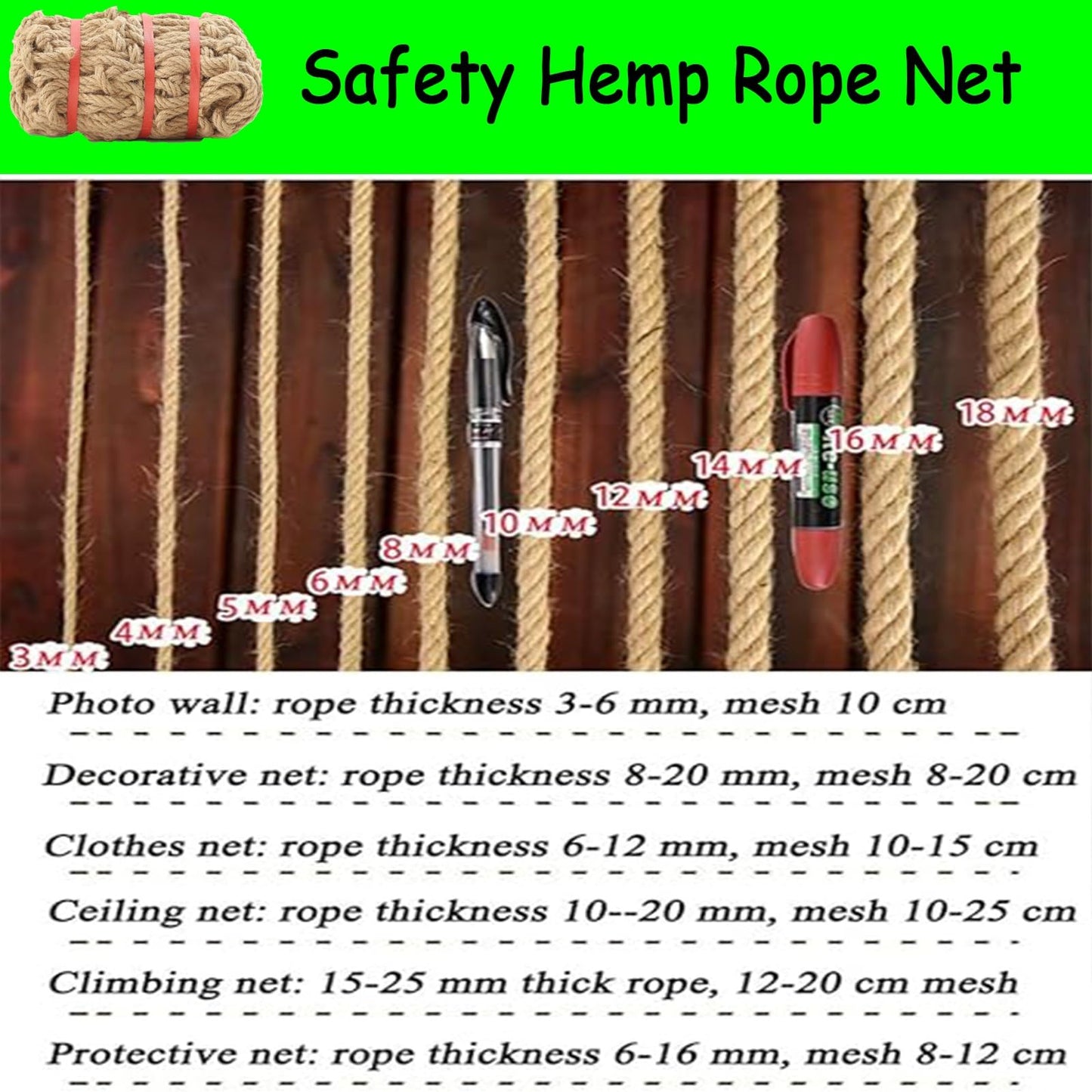 Heavy Duty Hemp Rope Cargo Net, Safety Anti-Fall Fence Net for Children Pet Cat, Tree House & Stair Balcony Protection - Outdoor Hammock & Playground Nets,3x3FT / 1x1(M)