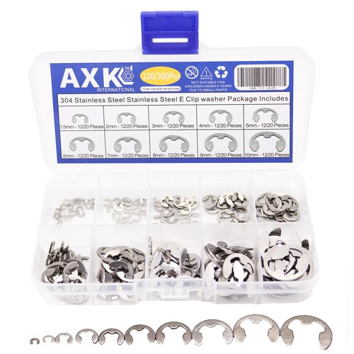 AXK 120/200 PCS/BOX 304 Stainless Steel Stainless Steel E Clip washer Assortment Kit Circlip retaining ring for shaft fastener M1.5~M10 (120)