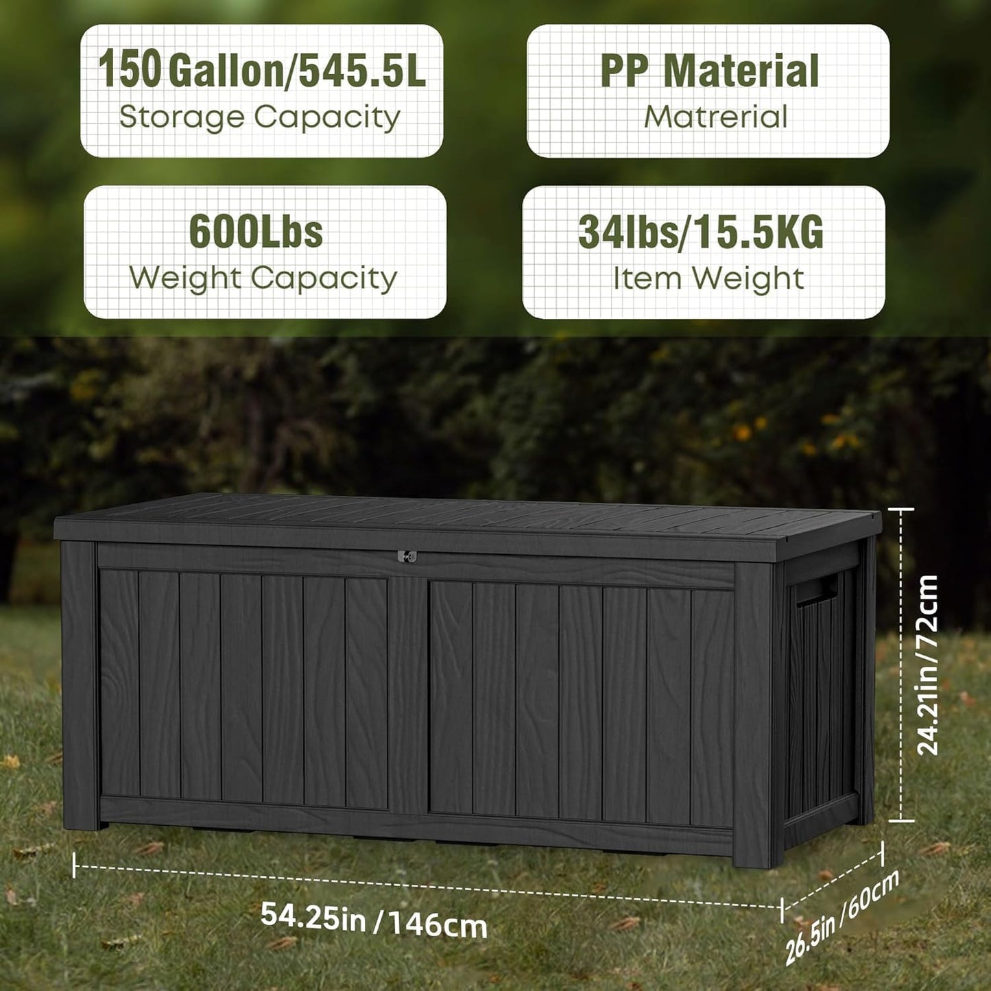 MAIUSCOLI 150 Gallon Outdoor Storage Box Waterproof Outside Resin Deck Box, Lockable Storage Bin for Patio Furniture,Garden Tools,Cushions,Pool Accessories(Black)