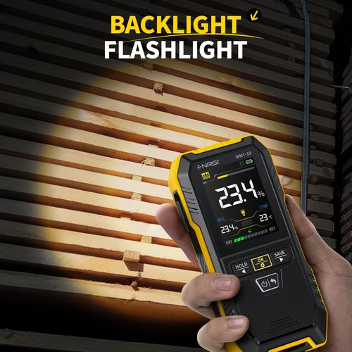FNIRSI WMT-10 Rechargable Wood Moisture Meter, Pinless Moisture Meter for Wood, Wall, Firewood, Support Data Hold and Record, Flashlight, Humidity Detector for Lumber Concrete Building