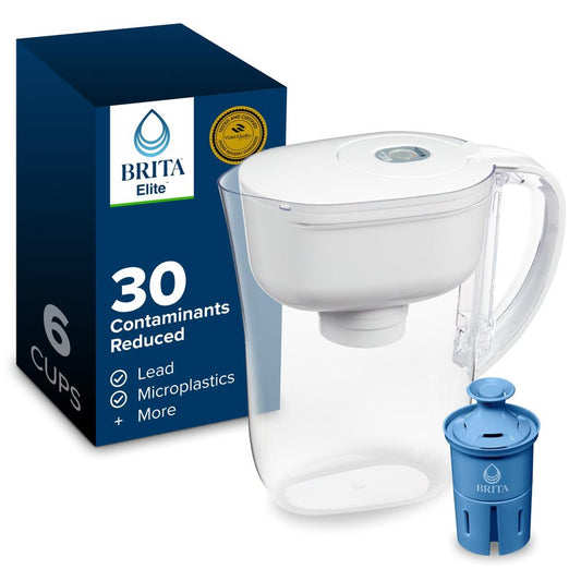 Brita Metro Small 6-Cup Elite Water Filter Pitcher, WQA NSF/ANSI Certified, Reduces 99% of Lead, Microplastics and 30 Contaminants, BPA-Free, Removes Chlorine Taste & Odor, 1 Elite Filter, White