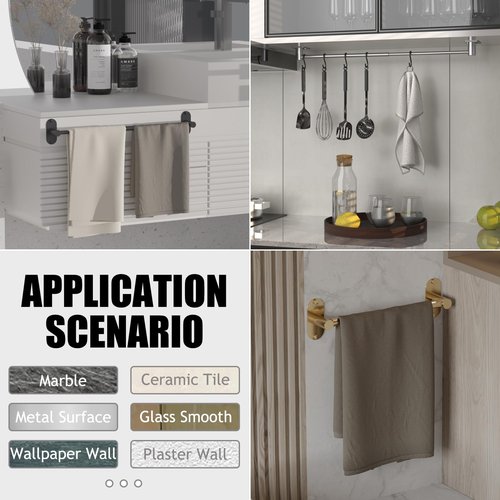 MIROAMZ Towel Bar, Adjustable 14.4inch - 25.2inch Towel Rack, Self Adhesive & Wall Mounted for Bathroom Kitchen Hand Towel Holder Cloths Hanger SUS 304 Stainless Steel Organizer Single Bar Matte Black