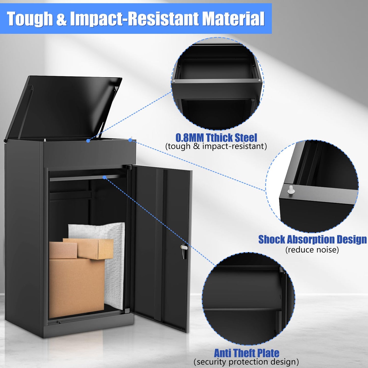 Large Package Delivery Boxes for Outside, 21.5"L X 17.7"W X 39.4"H Parcel Drop Boxes with Double Lock, Waterproof Anti-Theft Mailbox with Floor Spikes, Heavy-Duty Steel Secure Package Delivery Box
