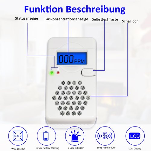 Carbon Monoxide Detector Alarm with Digital LCD Display, CO Detector Alarm with Replaceable Battery,Test-Reset Button, Low Battery Indicator, Portable,complies with UL2034(Batteries NOT Included)