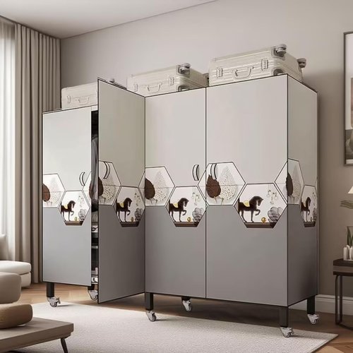 YDEHUEAD Foldable Portable Wardrobe On Wheels, Freestanding Garment Rack, with Magnetic Door 2000lbs, Heavy Duty Clothes Rack, for Bedroom Closet Systems (White (with Pattern), 150CM/59IN)