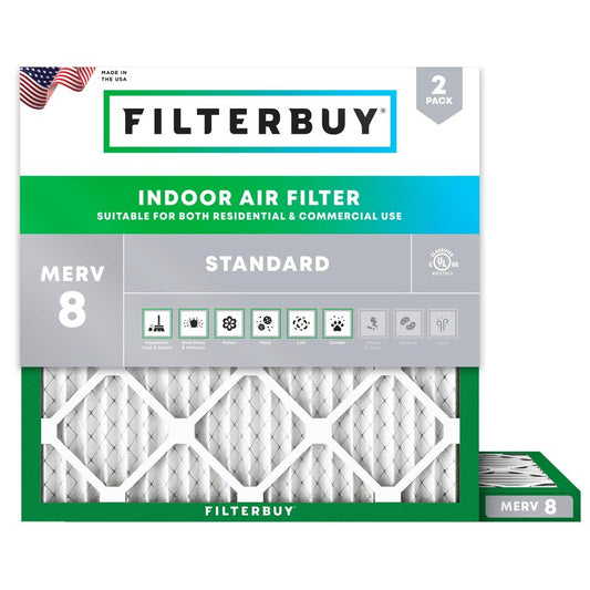 Filterbuy 15x15x1 Air Filter MERV 8 Essential Dust & Allergy Defense (2-Pack), Electrostatic Pleated HVAC AC Furnace Filters Replacement, Made in USA (Actual Size: 15.00 x 15.00 x 0.75)