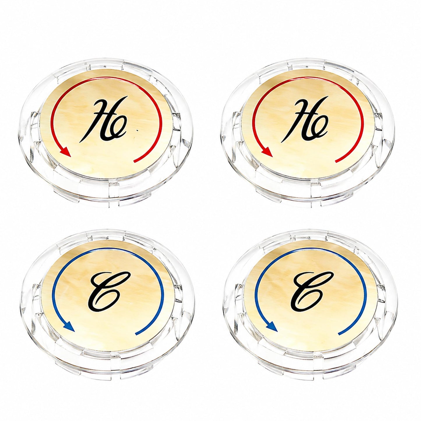 Universal Hot and Cold Faucet Index Buttons, 1.14 inch Inner Diameter Faucet Index Bathroom Sink Handle Buttons, Clear Acrylic with Gold for Delta/LDR/Delex/Peerless Two Clear Handles (4 pack)