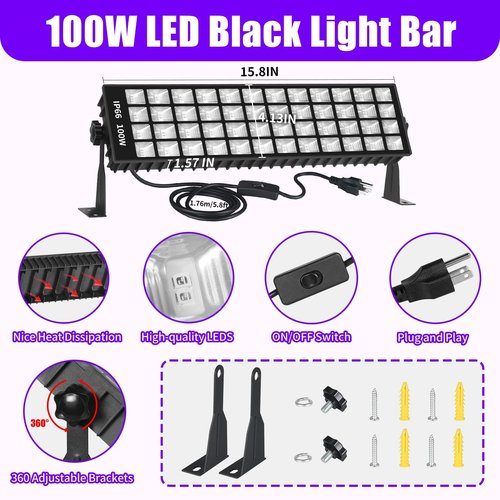 SHGPODA 100W LED Black Light Bar, IP66 Waterproof Blacklight with 6ft Cord+Plug+Switch, Black Lights for Neon Glow Party, Fluorescent Poster, Body Paint, Birthday, Bedroom, Halloween, Christmas