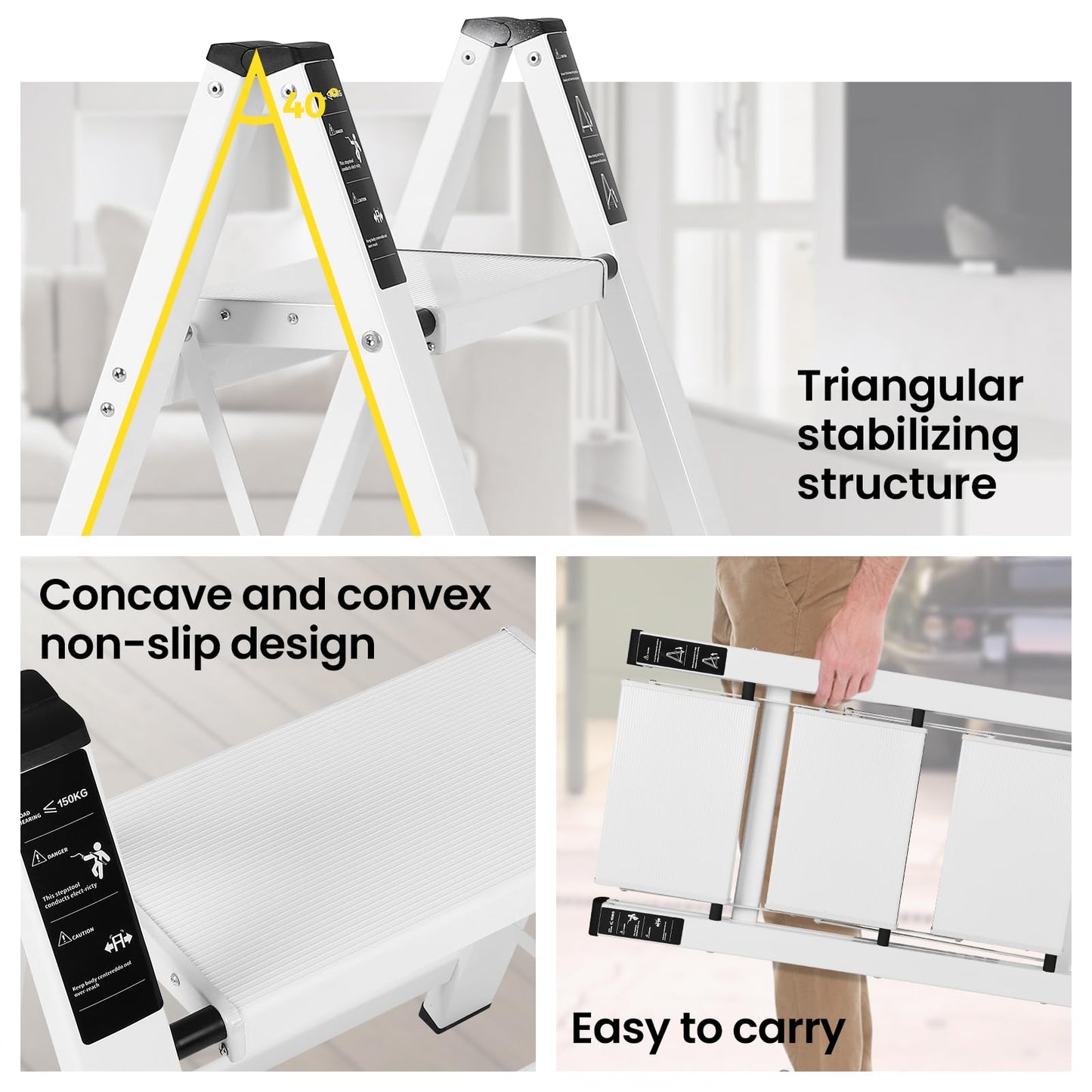 FAHKNS 3 Step Ladder, Aluminum Folding Step Stool with Anti-Slip Sturdy and Wide Pedal, Portable Space Saving Closet Step Stool for Home and Kitchen, Step Stools for Adults, White, 330Lbs