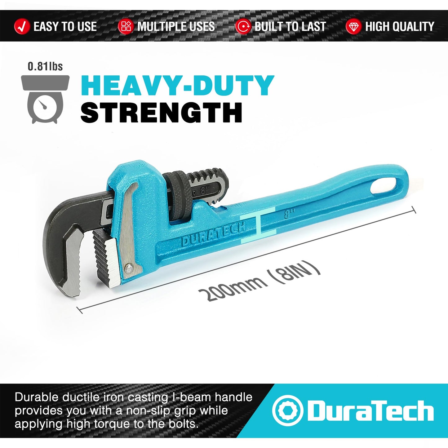 DURATECH 8-Inch Heavy Duty Pipe Wrench, Adjustable Plumbing Wrench, Malleable Cast Iron Handle, Exceed GGG standard