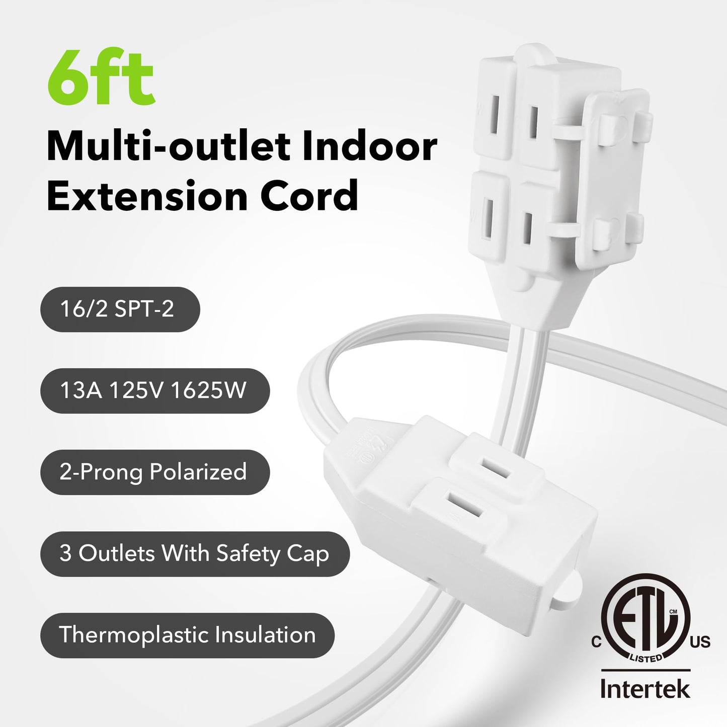 BN-LINK 6 ft 3 Outlet Indoor Extension Cord 16/2 SPT-2, 2 Pack White, 2 Prong Polarized Plug, Household Power Cord for Home, Office, and Holiday Decorations