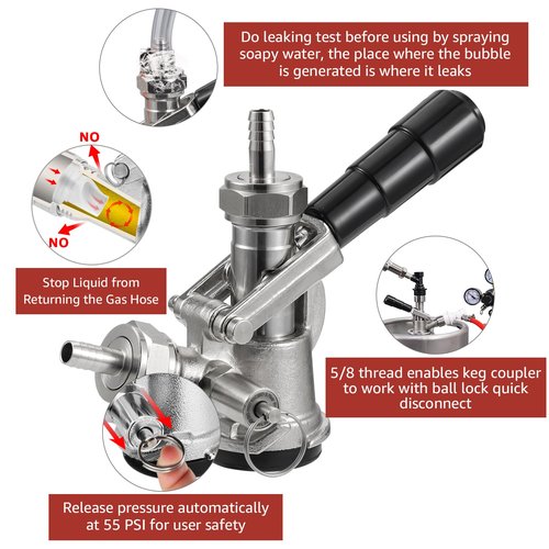 MRbrew D System Keg Coupler for Commercial Sankey, fit 1/4" & 3/16" I.D Draft Beer line, 5/16" Gas Barb, Stainless Steel Probe with Check Valve Sealing Washer Hose Clamp - for Kegerator Tap Dispenser