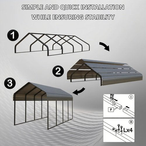 Galvanized Steel Carport - All-Weather Vehicle Shelter with Wind-Resistant Roof, Portable Garage Cover for Cars, Trucks, Boats in Yard (Grey, 20x20 FT)