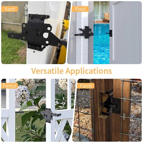Self-Locking Gate Latch for Wooden Fence, Heavy Duty Post Mount Automatic Gate Lock Gravity Door Latch Hardware Wood/Vinyl Fence Gate Lock for Secure Pool/Yard/Garden,Black