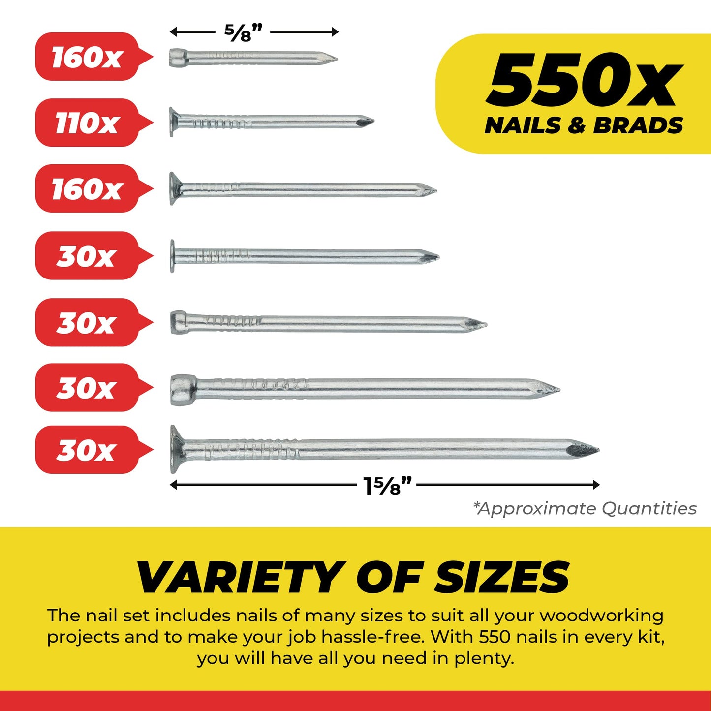 Qualihome Hardware Nail Assortment Kit, Includes Finish, Wire, Common, Brad and Picture Hanging Nails