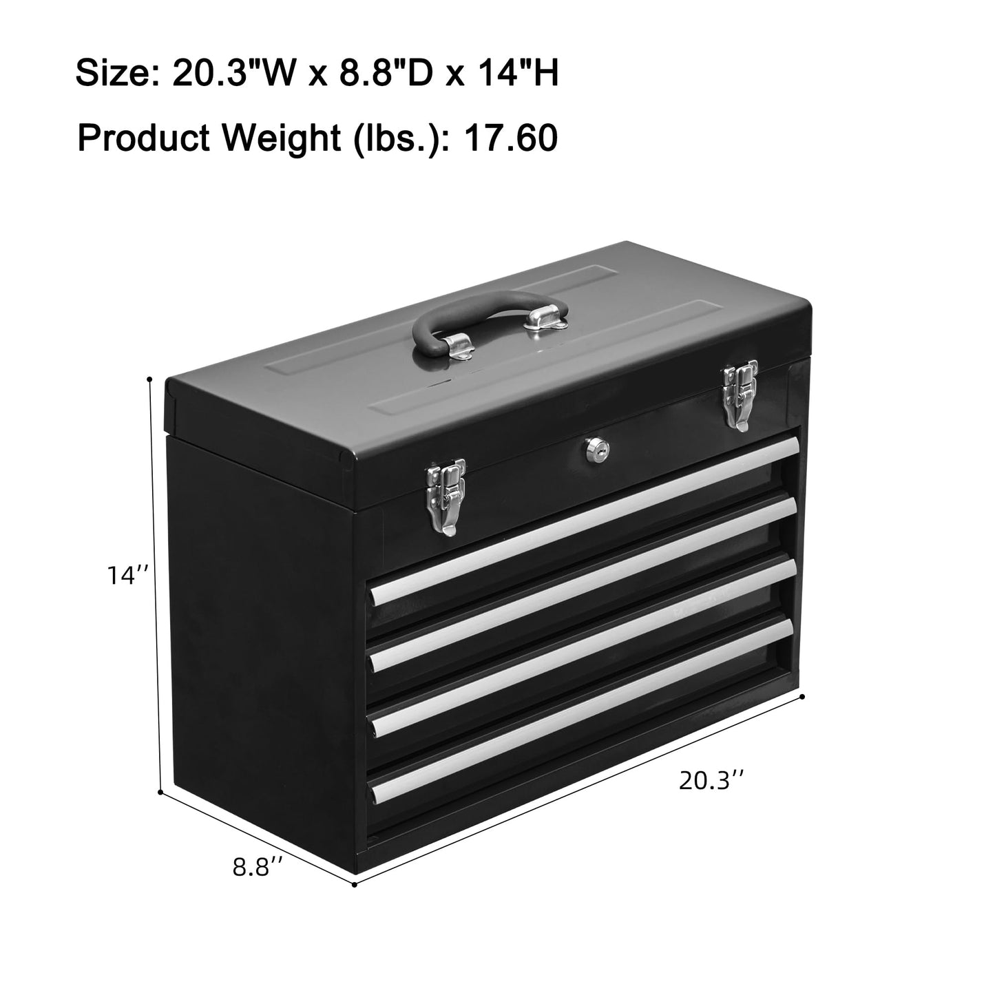 lunhung 4 Drawers Metal Tool Box Portable Steel Tool Chest with Metal Latch Closure & Key Lock, 20" Portable Drawer Toolbox Storage Tray Toolbox with Handle (4 Drawers - Black)