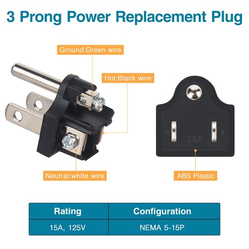 NEMA 5-15P Electrical Replacement Plugs， 125V 15A 2-Pole 3-Wire Grounding Replacement for Extension Cord Ends，Male Straight Blade Plug2-Pack