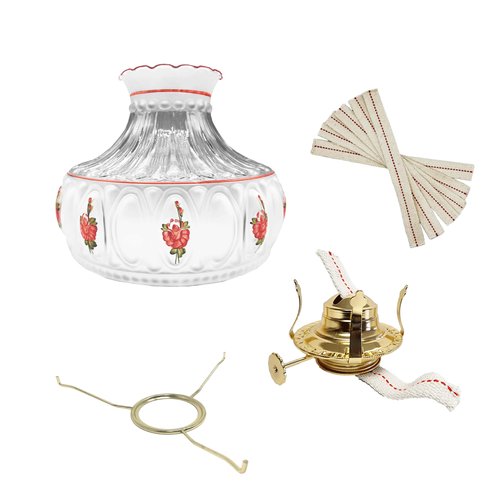 Light of Mine - Princess Feather Oil Lamp Replacement Kit Including 10" Pink Floral Shade, #2 Brass Plated Burner, 10" Flat Tripod, Replacement 3/4" Wick Strips