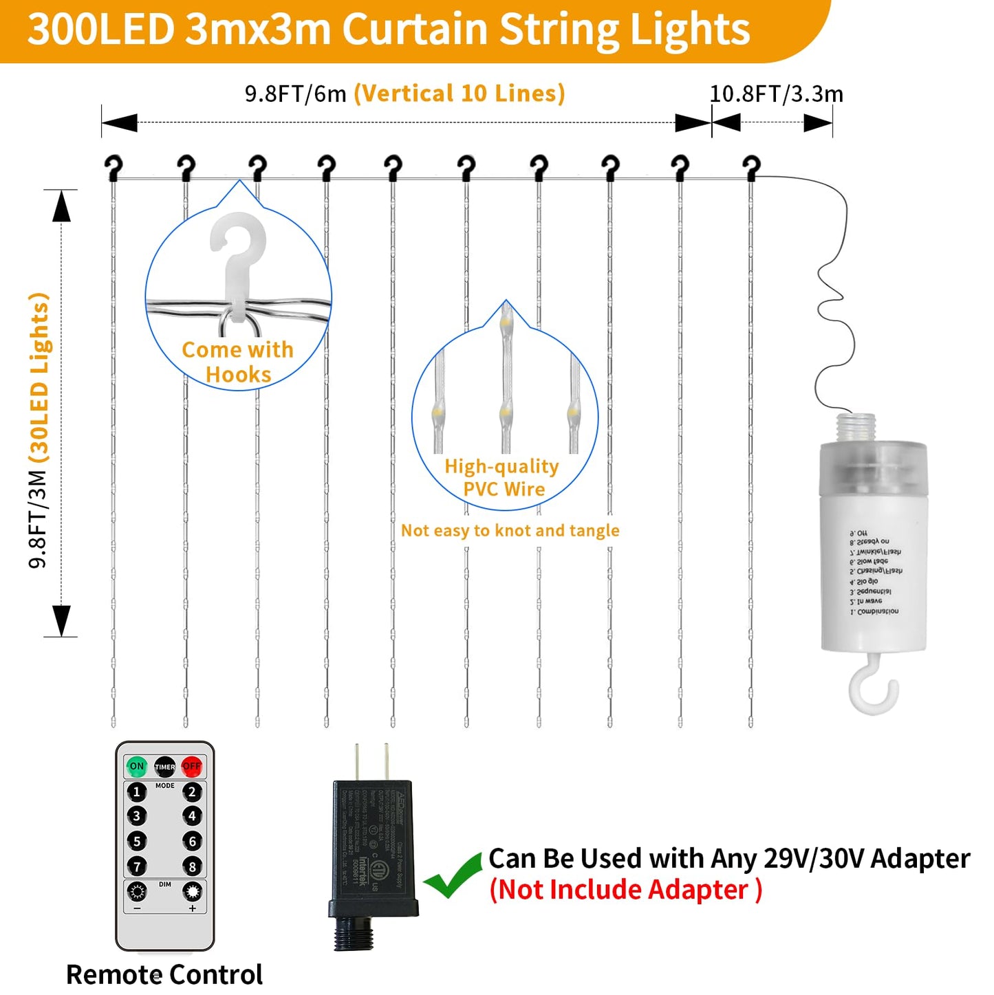 Curtain Lights Battery Operated 10 * 10Ft 300LED Waterfall Light with 8 Modes Remote Dimmable Timer Memory Waterproof Twinkle Fairy String Lights for Indoor Outdoor Backdrop Bedroom Pergola Christmas