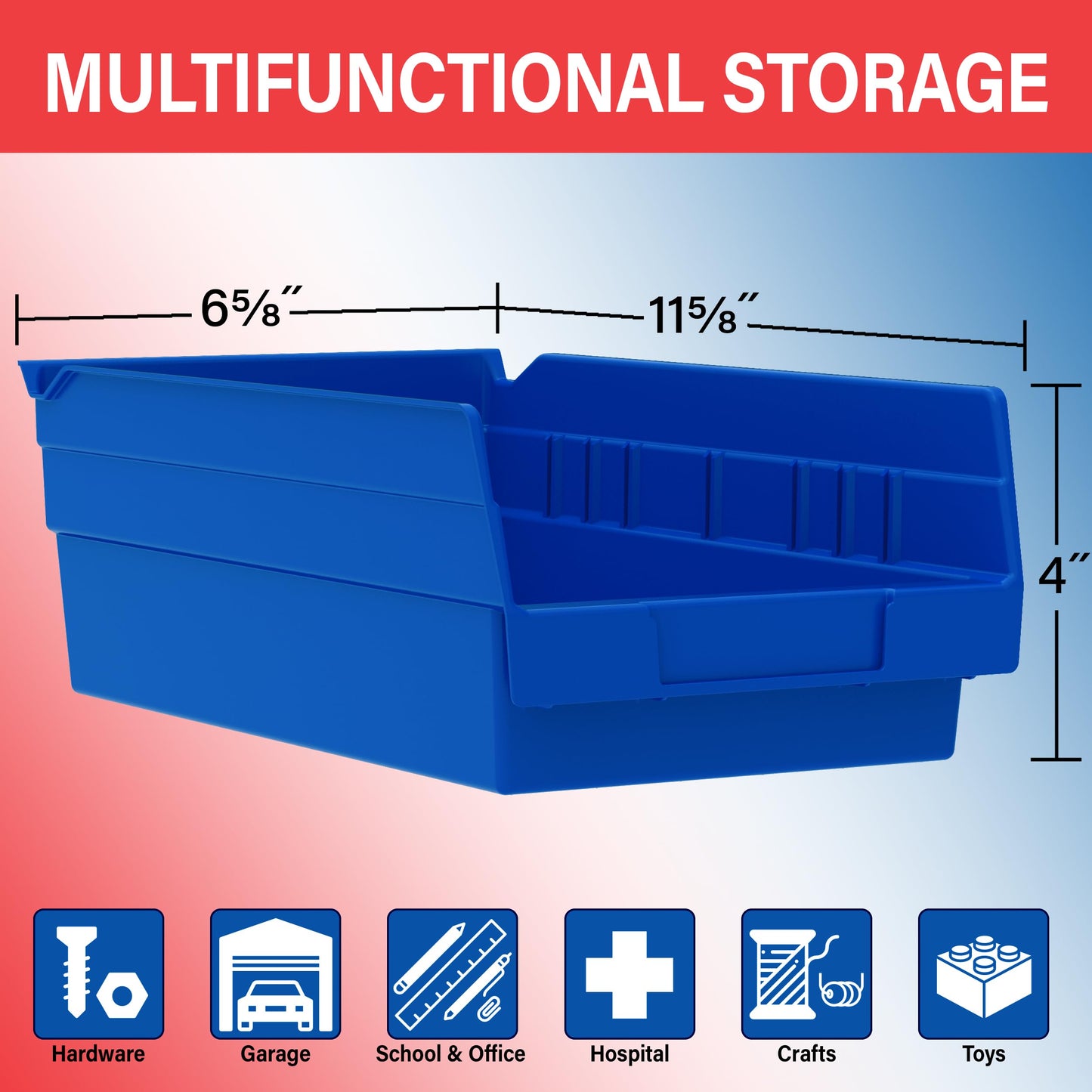 Akro-Mils 30130 Plastic Shelf Bins, Heavy Duty Storage Bins for Garage, Closet, and Drawer Organization, 12" x 6-1/2" x 4", Red, 12-Pack